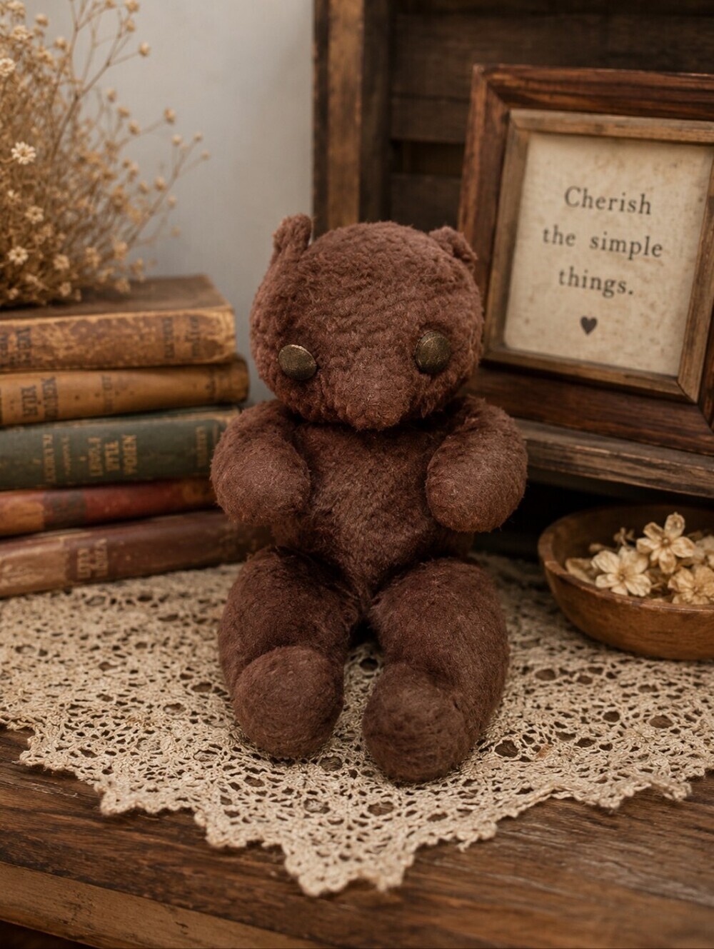 Vintage Handmade Brown Teddy Bear Primitive Style with Antique Metal Button Eyes